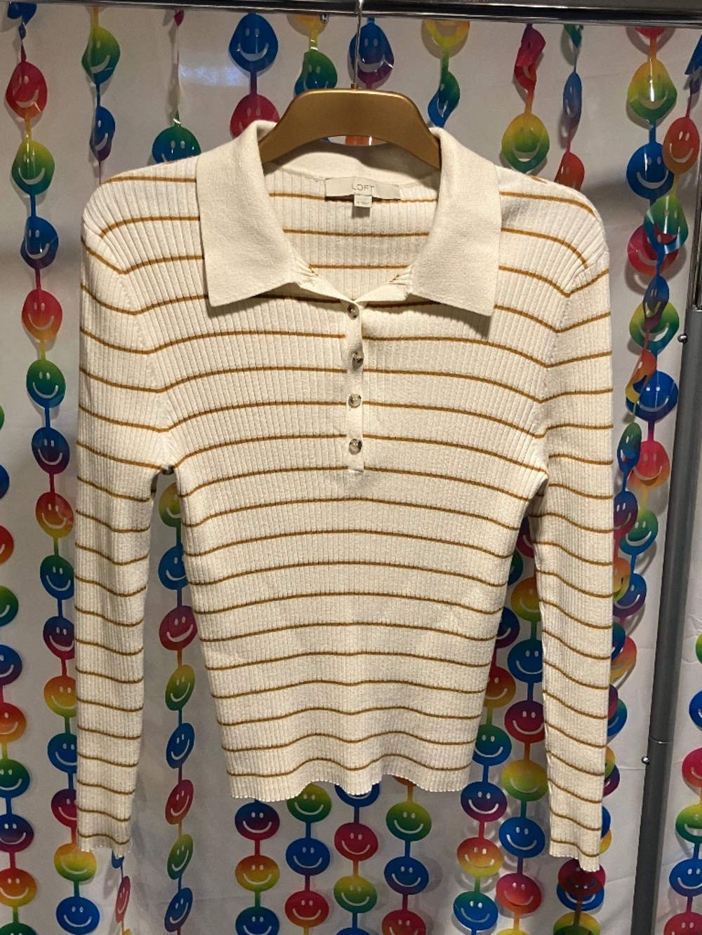 LOFT Striped Ribbed Long Sleeve Button Polo Sweater (XL)